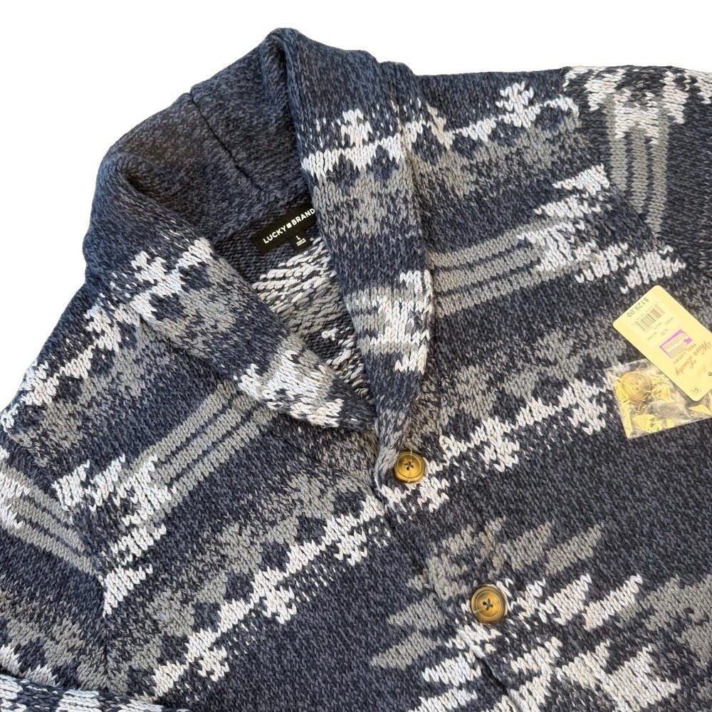 Lucky Brand Men's Southwestern Aztec Knit Cotton Cardigan Sweater Blue Sz Large